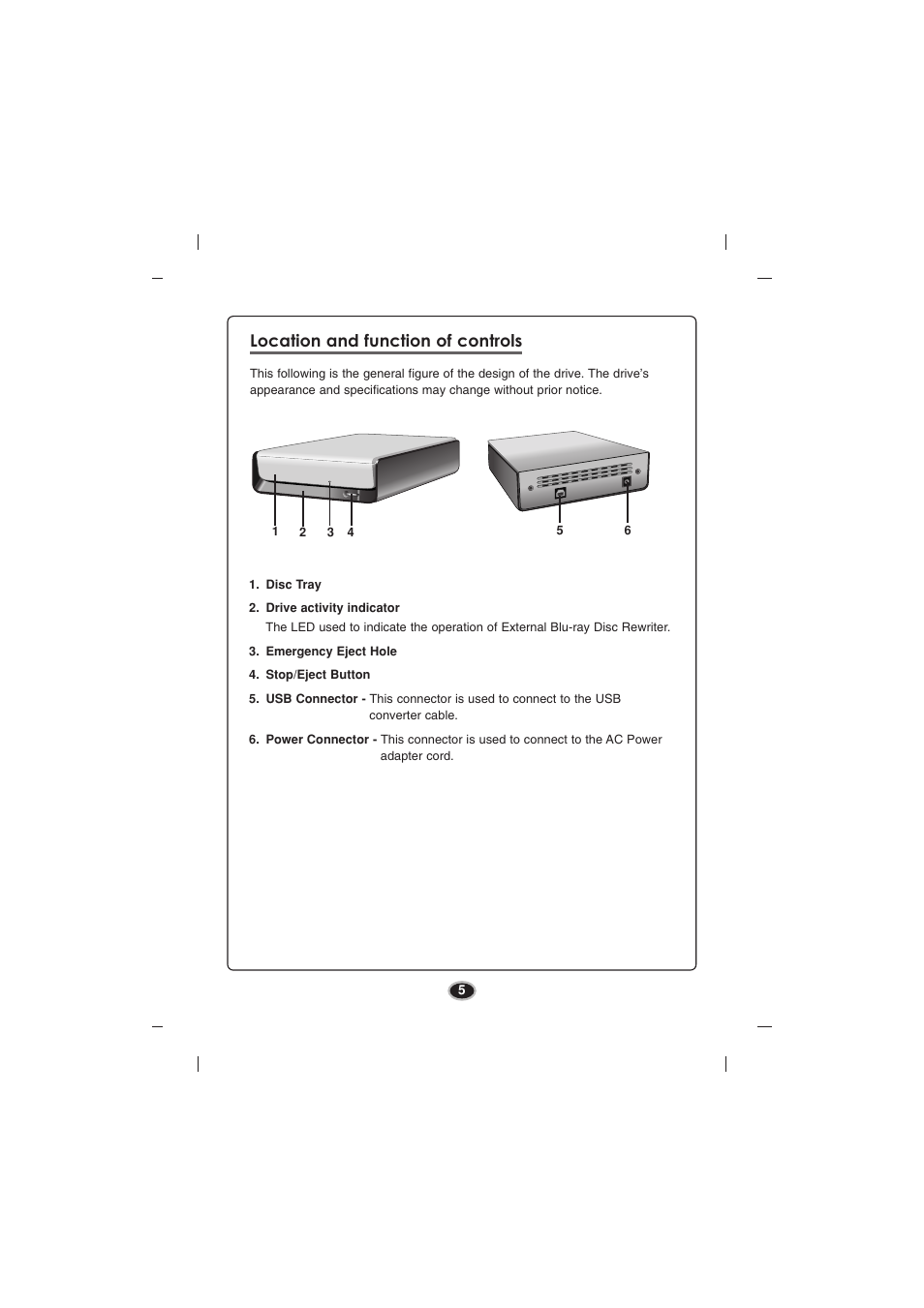 Location and function of controls | LG BE06LU10 User Manual | Page 8 / 15