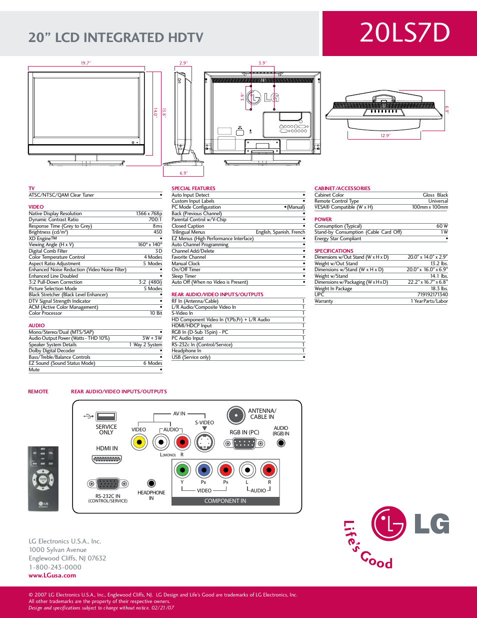 20ls7d, 20” lcd integrated hdtv | LG 20LS7D User Manual | Page 2 / 2