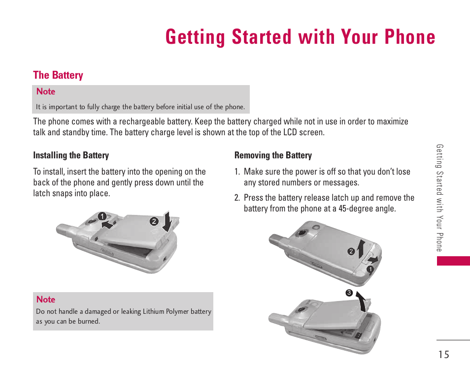 Getting started with your phone | LG 550 User Manual | Page 16 / 92