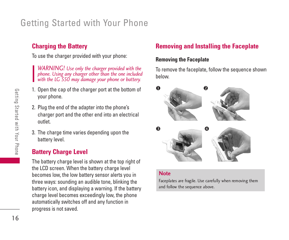 Getting started with your phone | LG 550 User Manual | Page 17 / 92