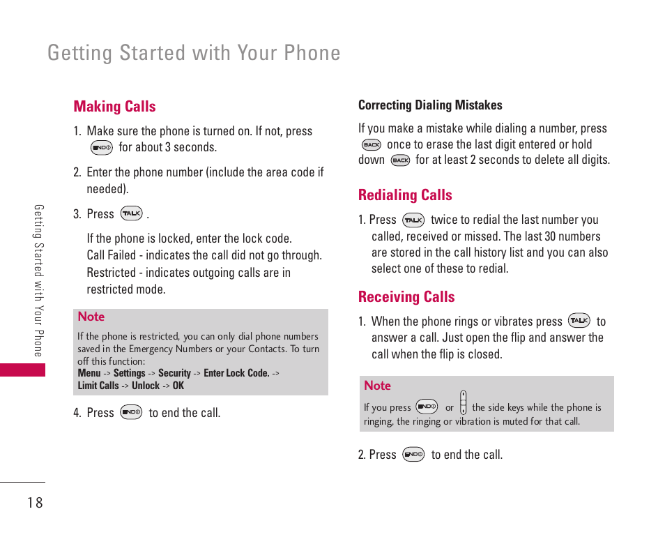 Getting started with your phone, 18 making calls, Redialing calls | Receiving calls | LG 550 User Manual | Page 19 / 92