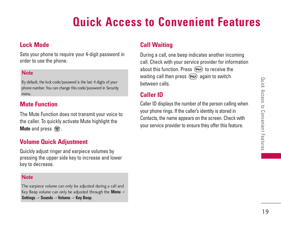 Quick access to convenient features | LG 550 User Manual | Page 20 / 92