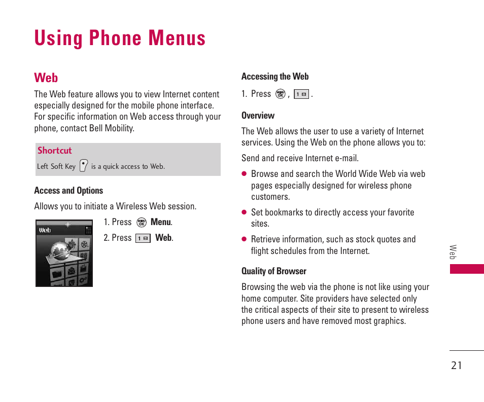 Using phone menus | LG 550 User Manual | Page 22 / 92