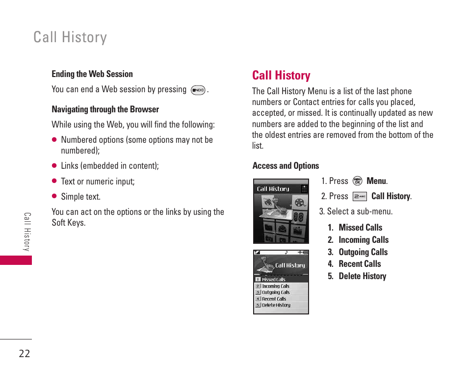 Call history | LG 550 User Manual | Page 23 / 92