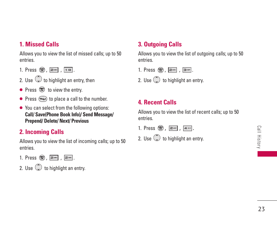 Missed calls, Incoming calls, Outgoing calls | Recent calls | LG 550 User Manual | Page 24 / 92