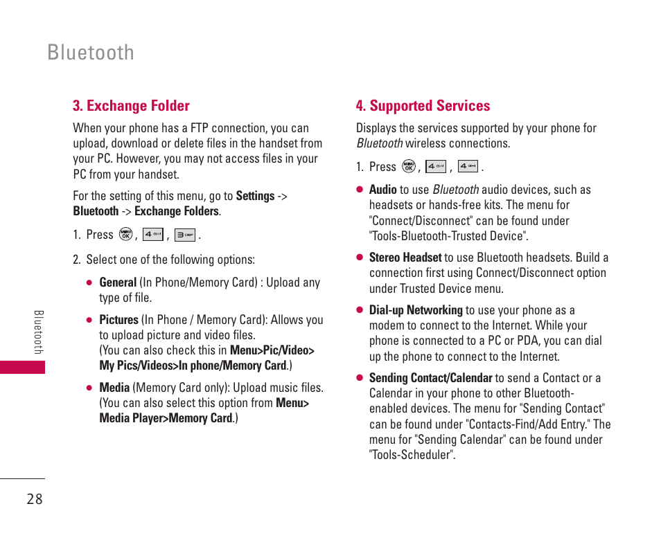 Bluetooth, Exchange folder, Supported services | LG 550 User Manual | Page 29 / 92