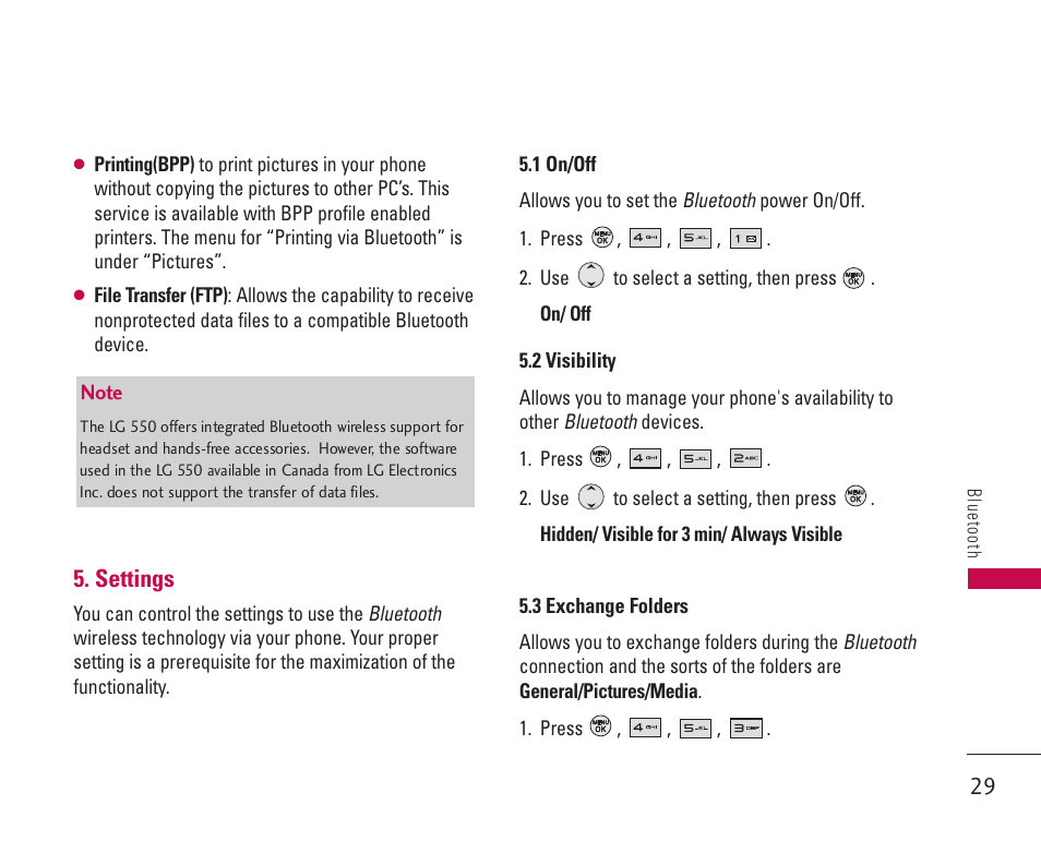 Settings | LG 550 User Manual | Page 30 / 92