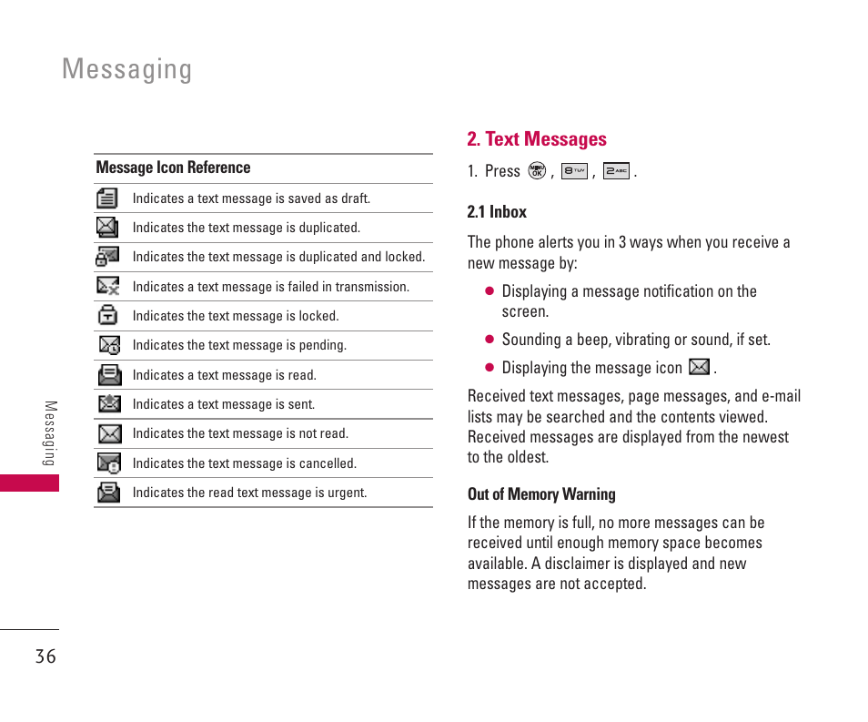 Messaging, Text messages | LG 550 User Manual | Page 37 / 92