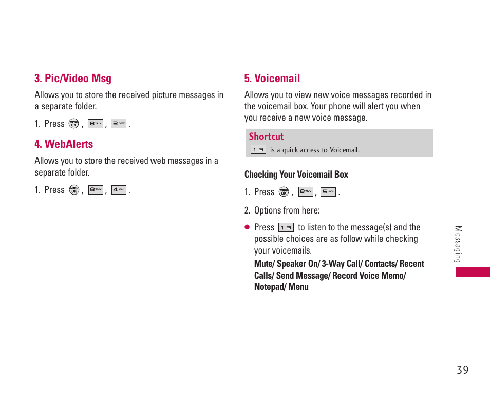 Pic/video msg, Webalerts, Voicemail | LG 550 User Manual | Page 40 / 92