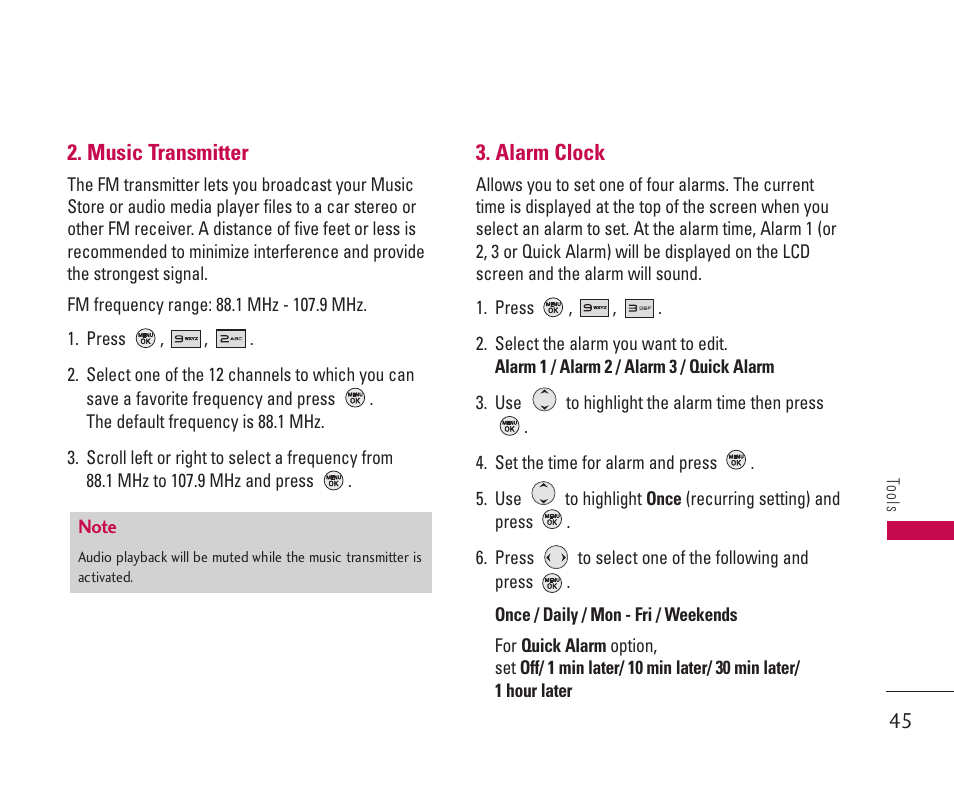 Music transmitter, Alarm clock | LG 550 User Manual | Page 46 / 92
