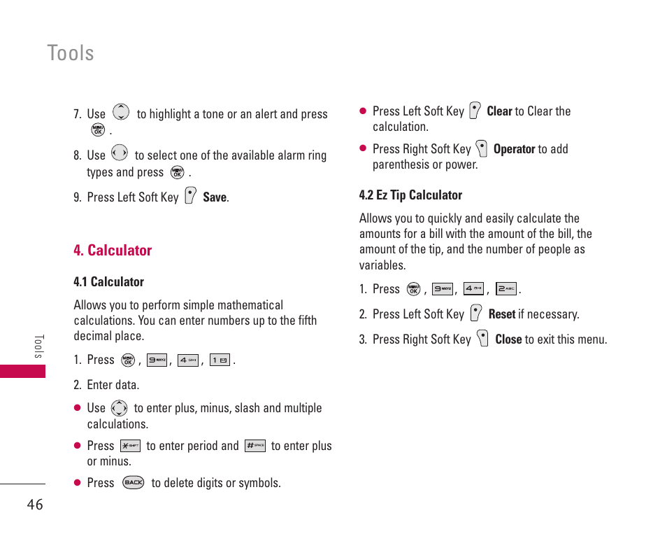 Tools, Calculator | LG 550 User Manual | Page 47 / 92