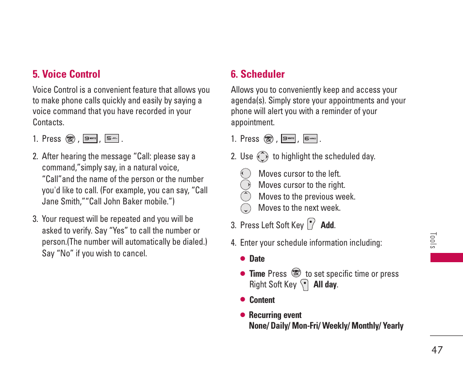 Voice control, Scheduler | LG 550 User Manual | Page 48 / 92