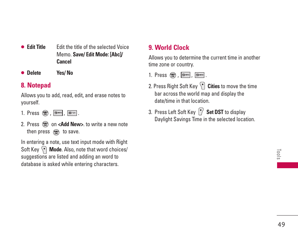 World clock | LG 550 User Manual | Page 50 / 92