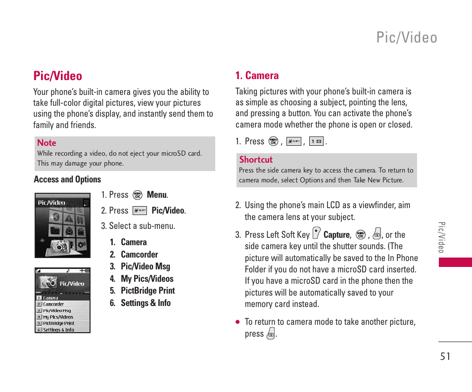 Pic/video | LG 550 User Manual | Page 52 / 92