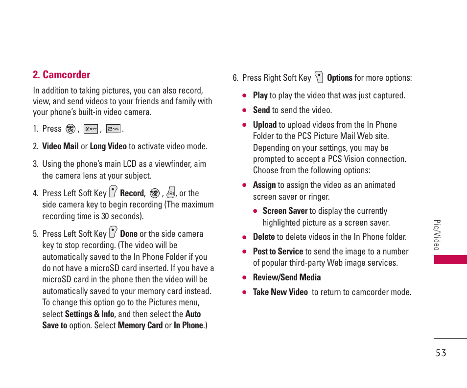 Camcorder | LG 550 User Manual | Page 54 / 92