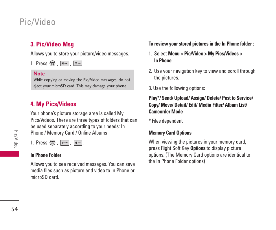 Pic/video | LG 550 User Manual | Page 55 / 92