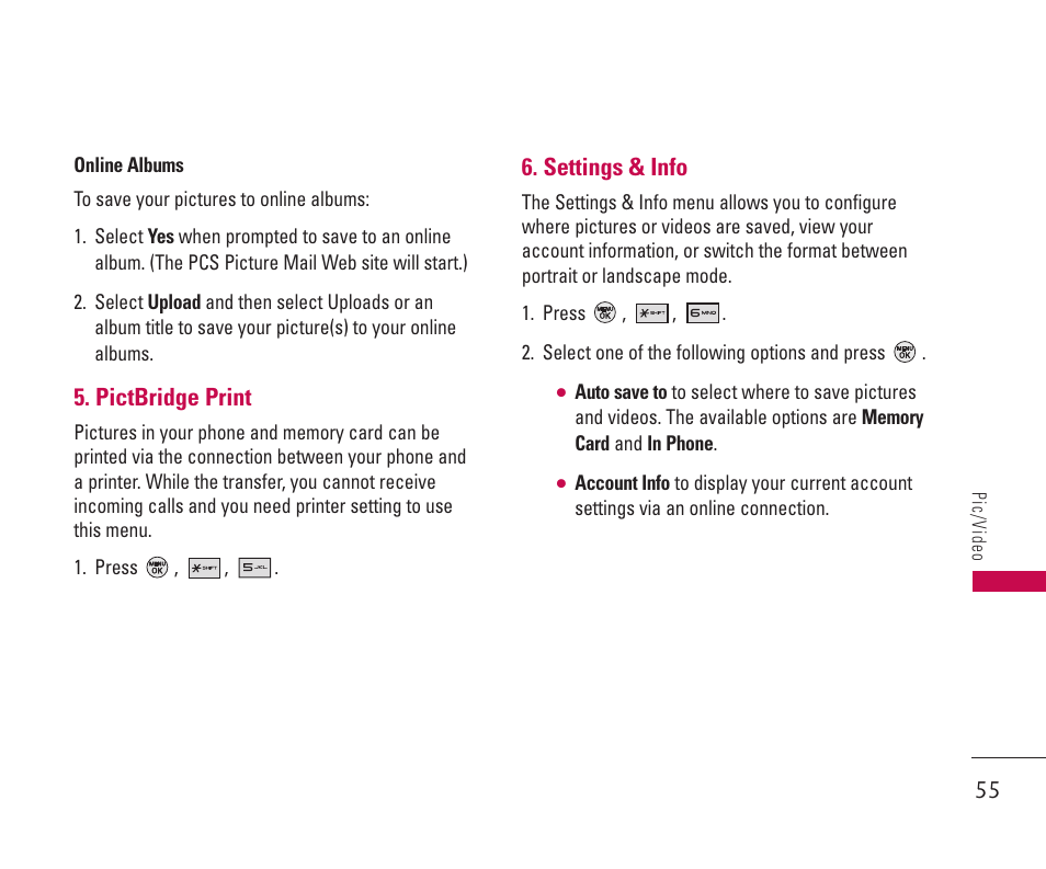 Pictbridge print, Settings & info | LG 550 User Manual | Page 56 / 92