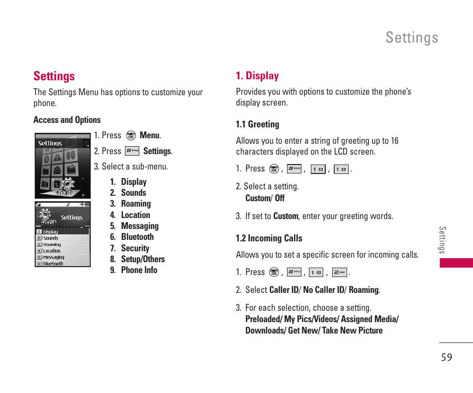 Settings | LG 550 User Manual | Page 60 / 92