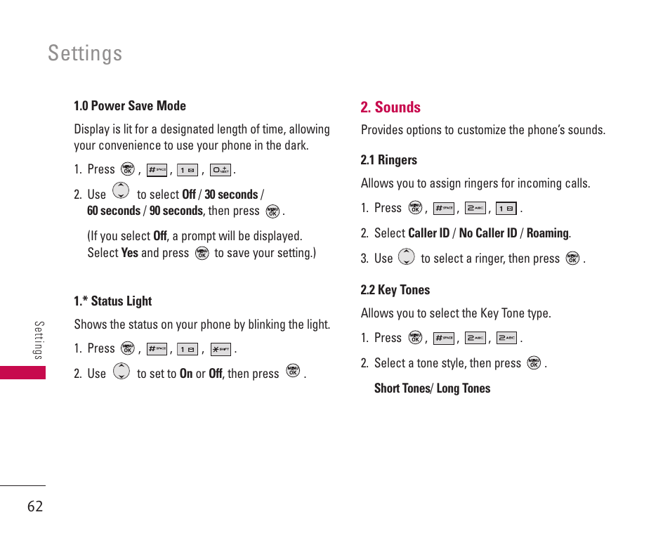 Settings | LG 550 User Manual | Page 63 / 92