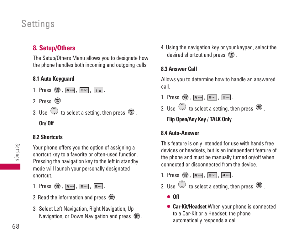 Settings, Setup/others | LG 550 User Manual | Page 69 / 92