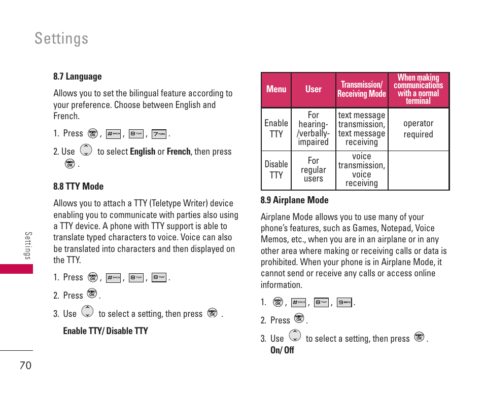 Settings | LG 550 User Manual | Page 71 / 92