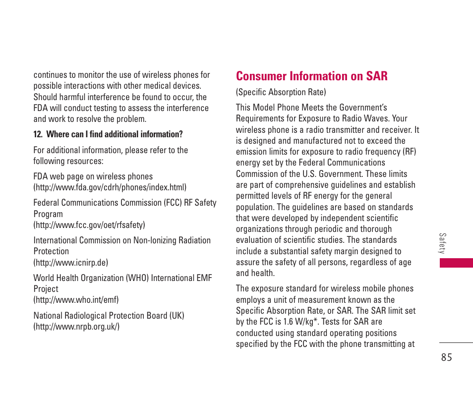 Consumer information on sar | LG 550 User Manual | Page 86 / 92