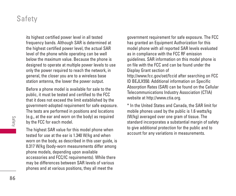 Safety | LG 550 User Manual | Page 87 / 92