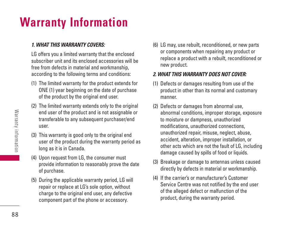 Warranty information | LG 550 User Manual | Page 89 / 92