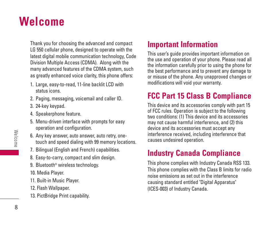 Welcome, Important information, Fcc part 15 class b compliance | Industry canada compliance | LG 550 User Manual | Page 9 / 92