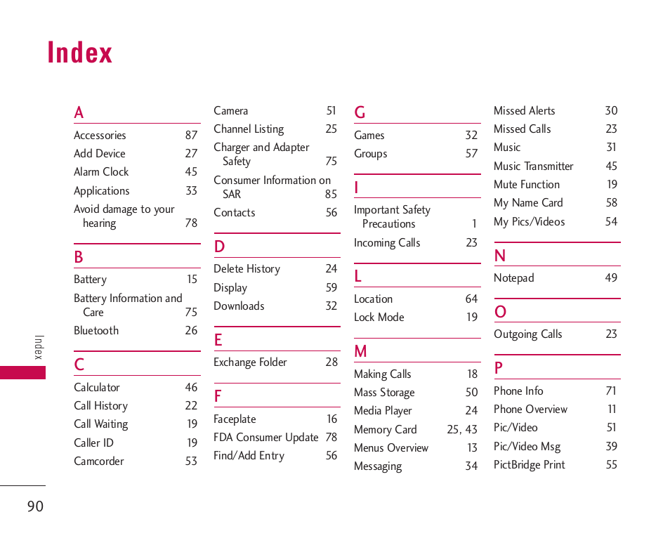 Index | LG 550 User Manual | Page 91 / 92