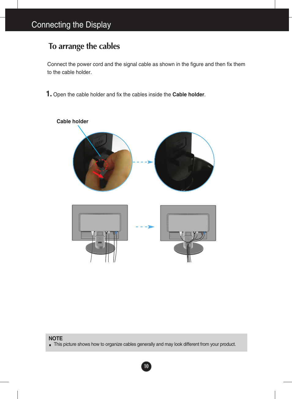 To arrange the cables, Connecting the display to arrange the cables | LG Network Monitor N194WA User Manual | Page 12 / 30