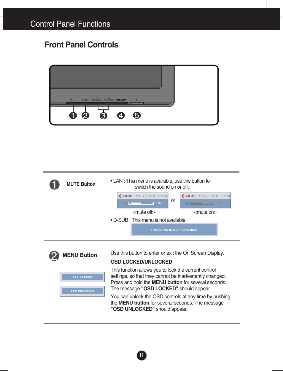 Control panel functions, Front panel controlsmute, Front panel controls | LG Network Monitor N194WA User Manual | Page 13 / 30