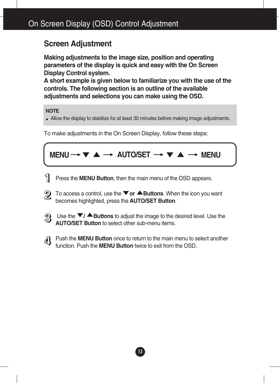 On screen display (osd) control adjustment, Screen adjustment, Auto/set menu menu | LG Network Monitor N194WA User Manual | Page 15 / 30