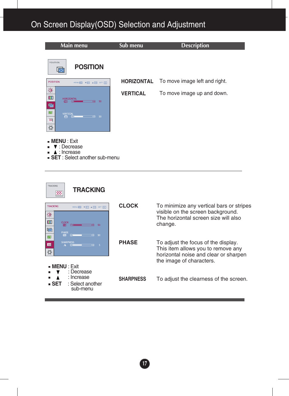Position, Tracking, On screen display(osd) selection and adjustment | LG Network Monitor N194WA User Manual | Page 19 / 30