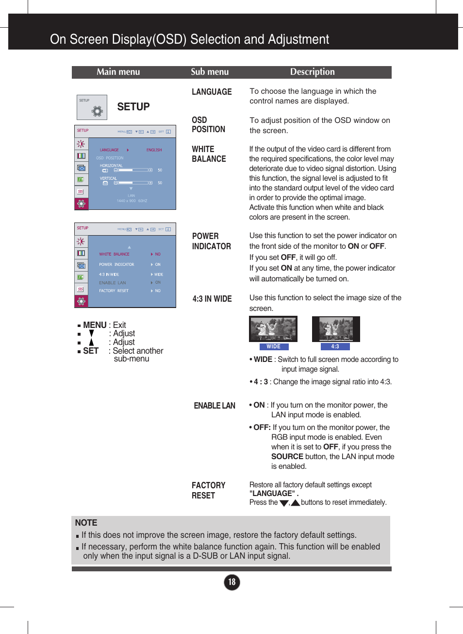 Setup, On screen display(osd) selection and adjustment | LG Network Monitor N194WA User Manual | Page 20 / 30