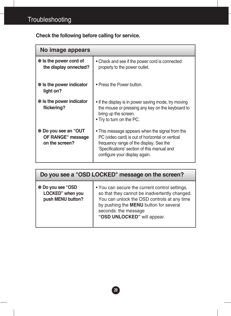 Troubleshooting, No image appears, Do you see a "osd locked" message on the screen | LG Network Monitor N194WA User Manual | Page 22 / 30