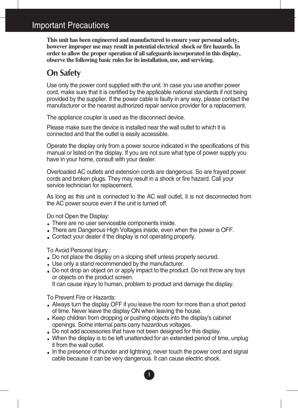 Important precautions, On safety | LG Network Monitor N194WA User Manual | Page 3 / 30