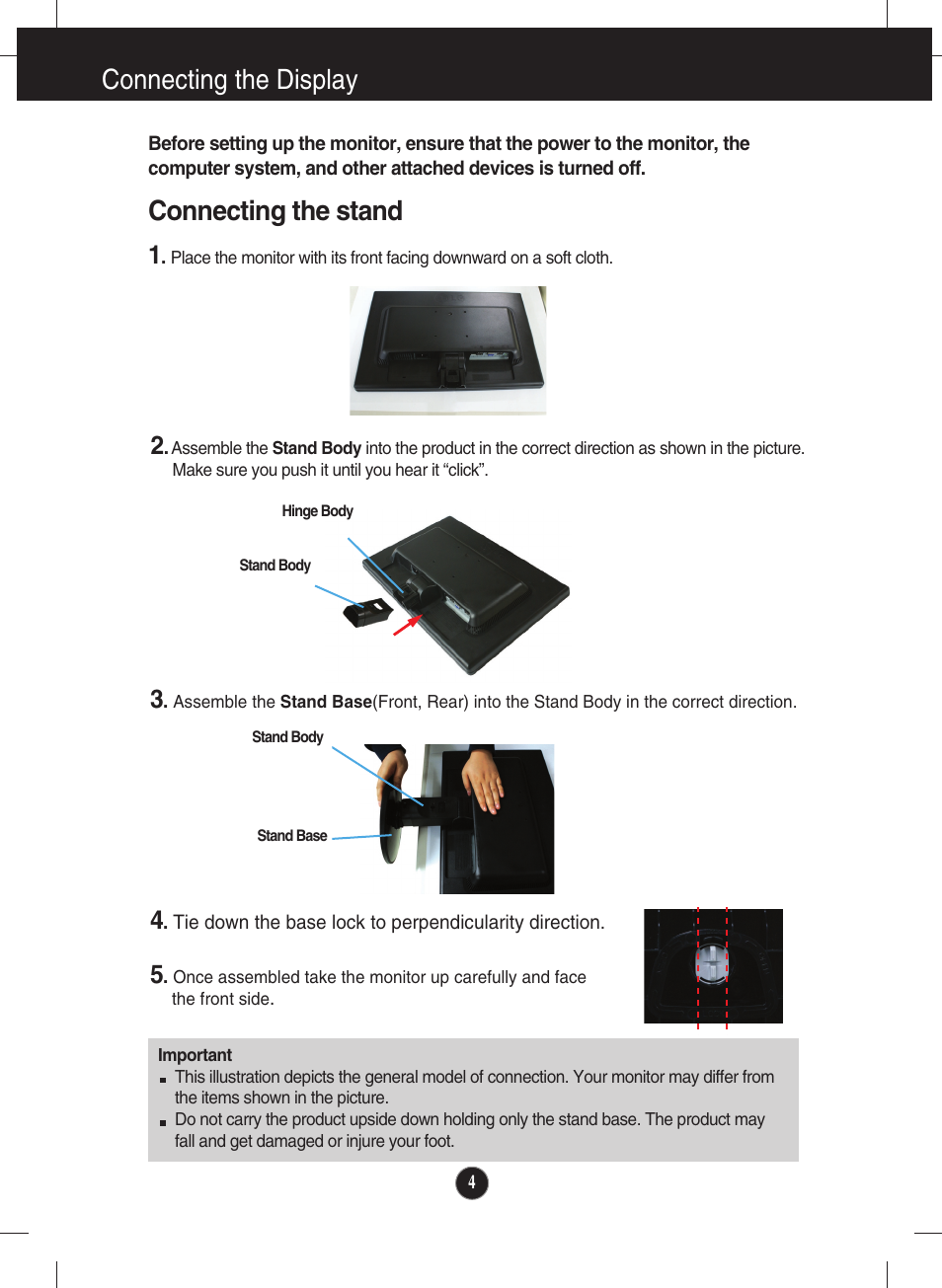 Connecting the display, Connecting the stand | LG Network Monitor N194WA User Manual | Page 6 / 30
