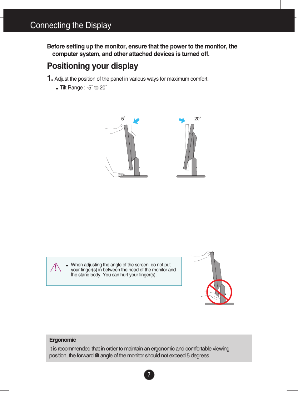 Positioning your display, Connecting the display | LG Network Monitor N194WA User Manual | Page 9 / 30