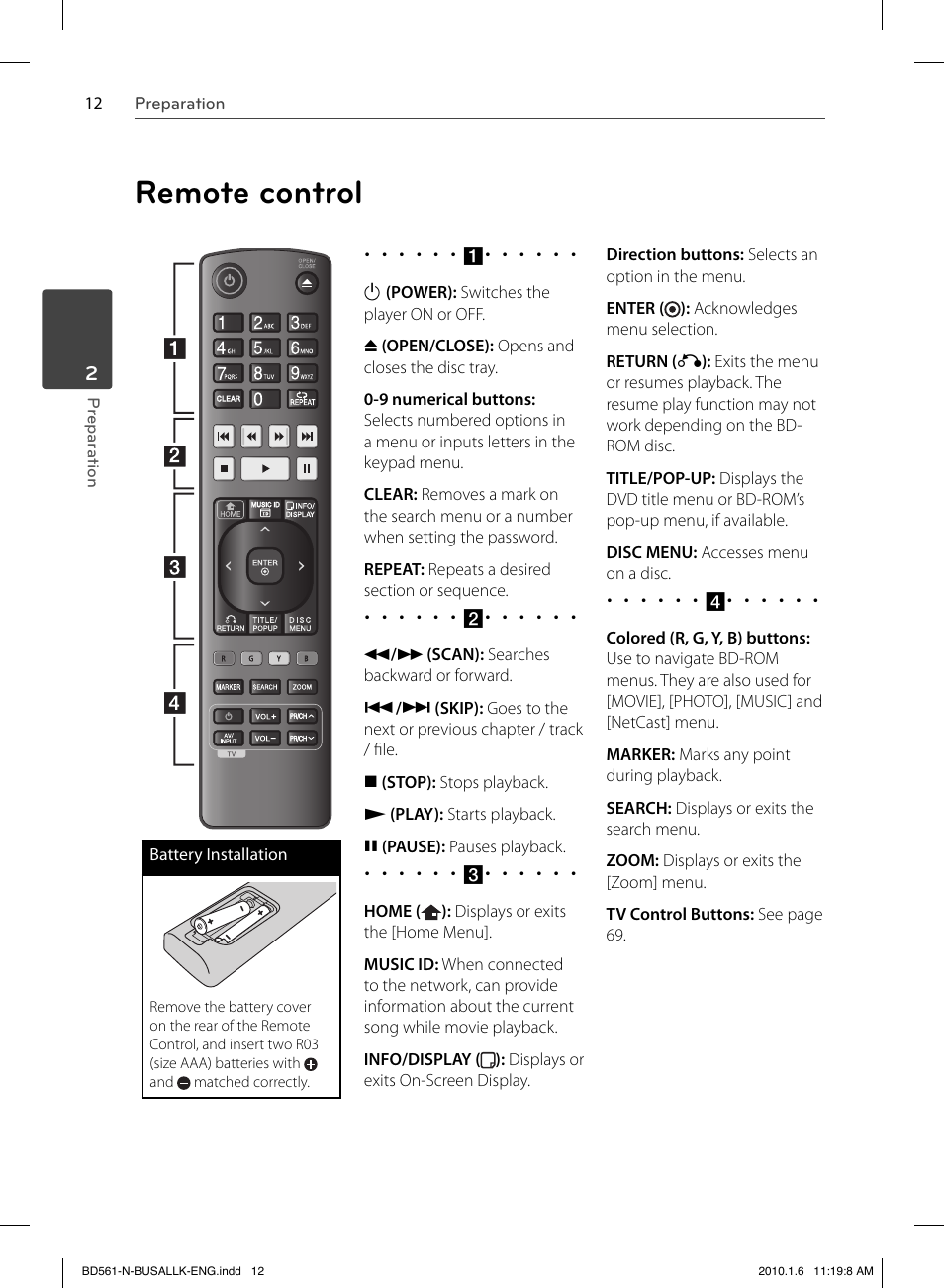 Remote control | LG BD550 User Manual | Page 12 / 84