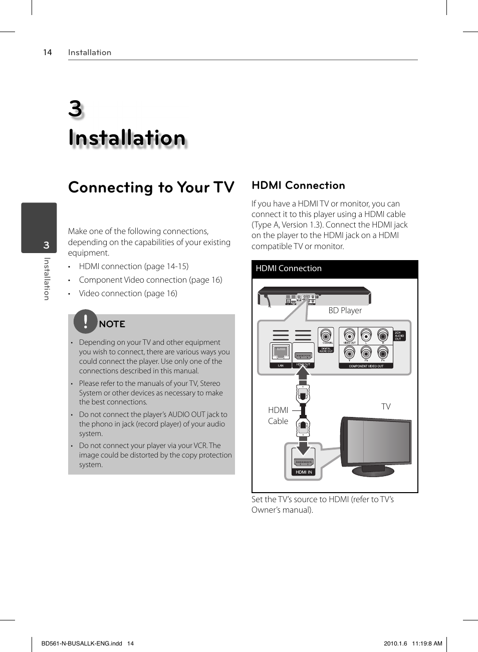 3 installation, Connecting to your tv, Hdmi connection | LG BD550 User Manual | Page 14 / 84