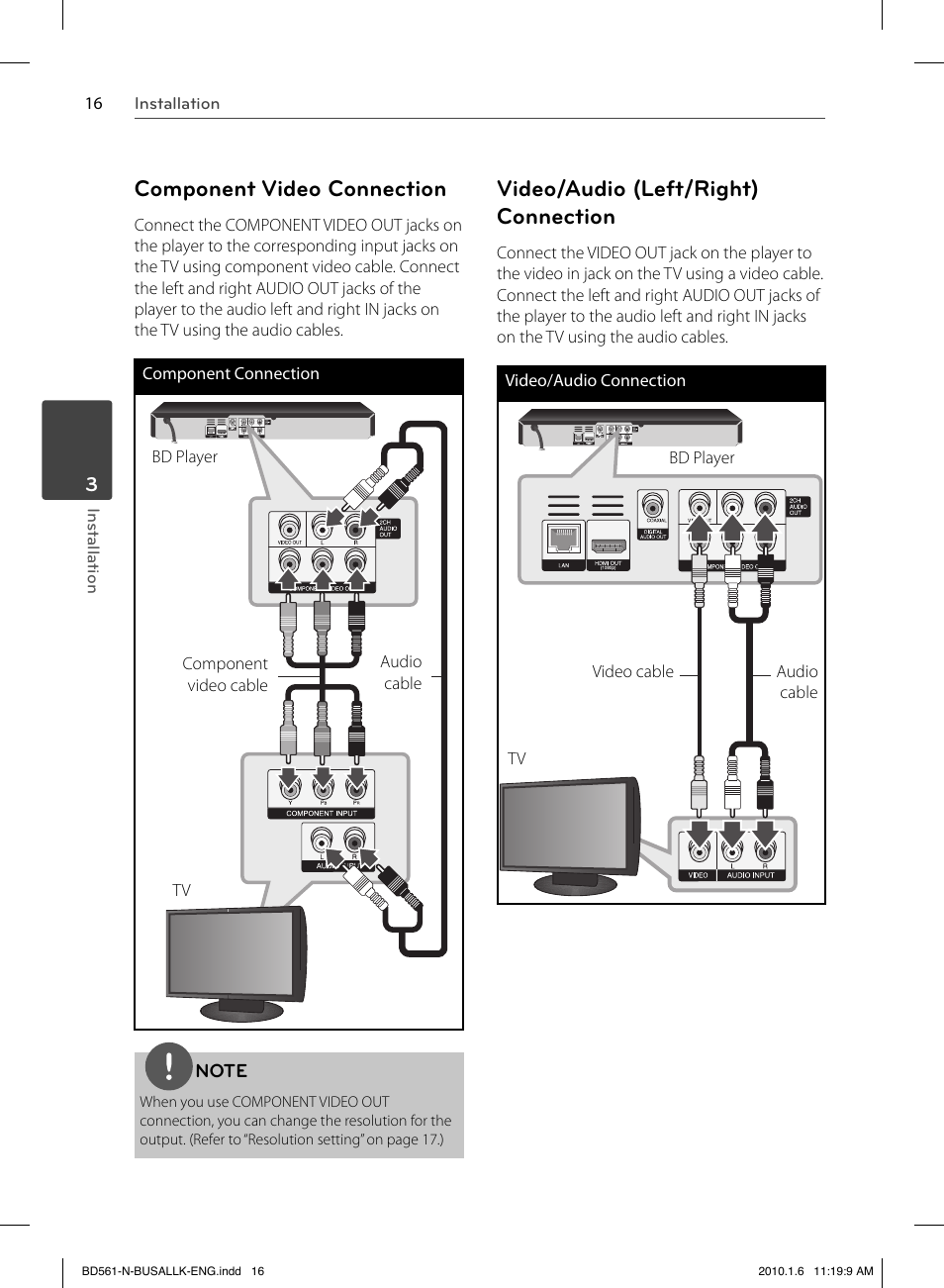 Component video connection, Video/audio (left/right) connection | LG BD550 User Manual | Page 16 / 84