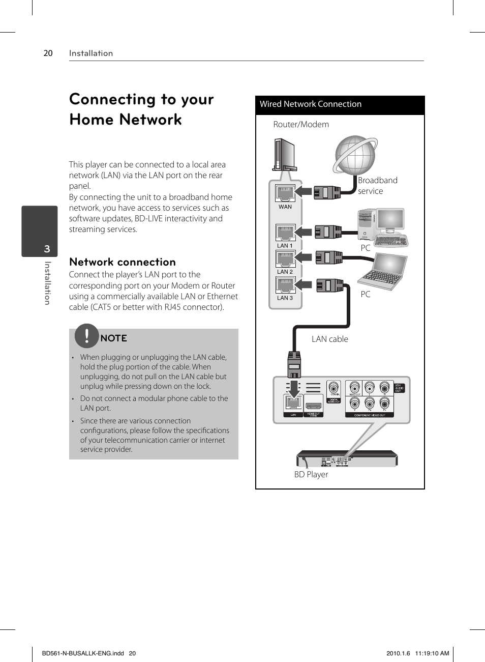Connecting to your home network, Network connection | LG BD550 User Manual | Page 20 / 84