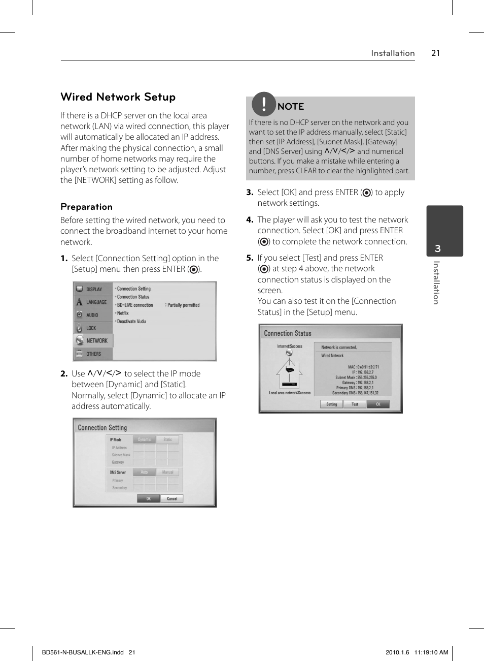 Wired network setup | LG BD550 User Manual | Page 21 / 84