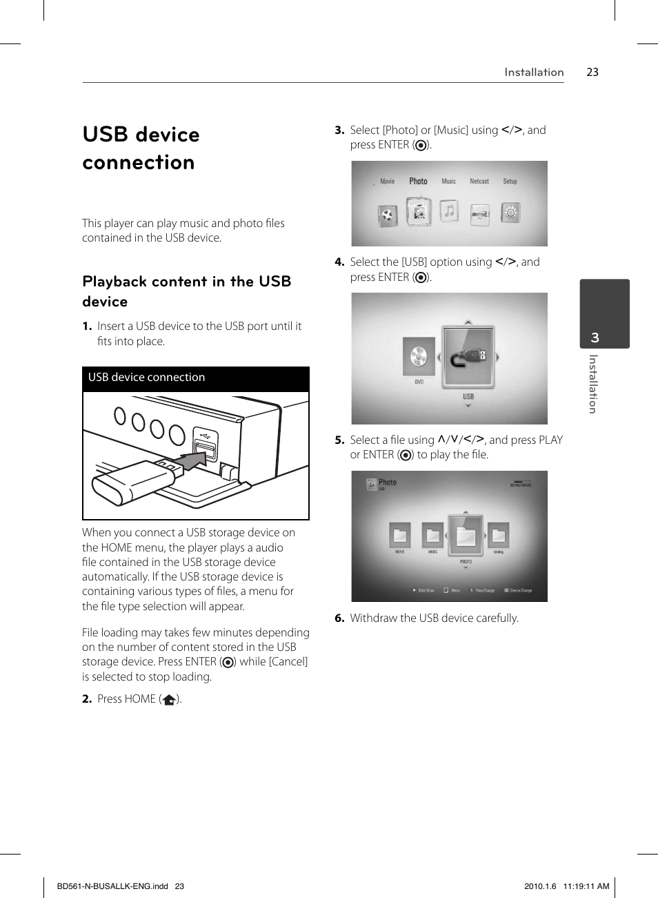 Usb device connection, Playback content in the usb device | LG BD550 User Manual | Page 23 / 84