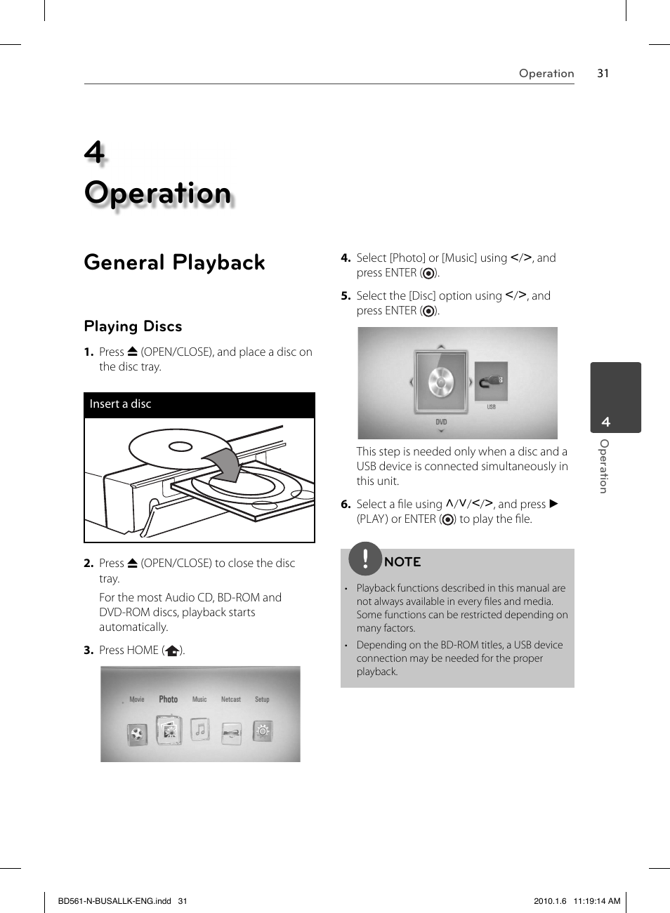 4 operation, General playback, Playing discs | LG BD550 User Manual | Page 31 / 84