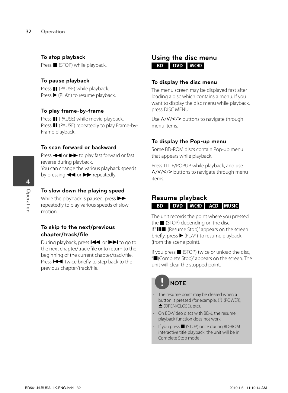 Using the disc menu, Resume playback | LG BD550 User Manual | Page 32 / 84