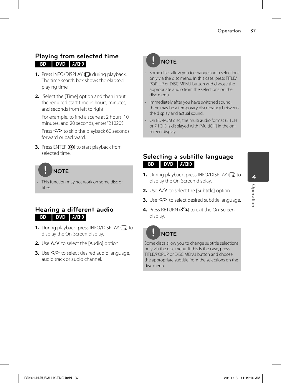 Playing from selected time, Hearing a different audio, Selecting a subtitle language | LG BD550 User Manual | Page 37 / 84