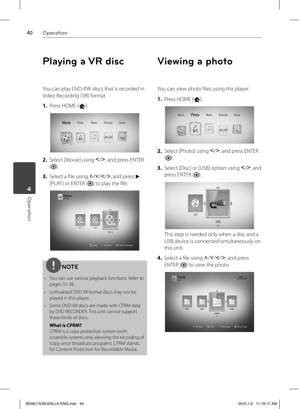 Playing a vr disc, Viewing a photo | LG BD550 User Manual | Page 40 / 84