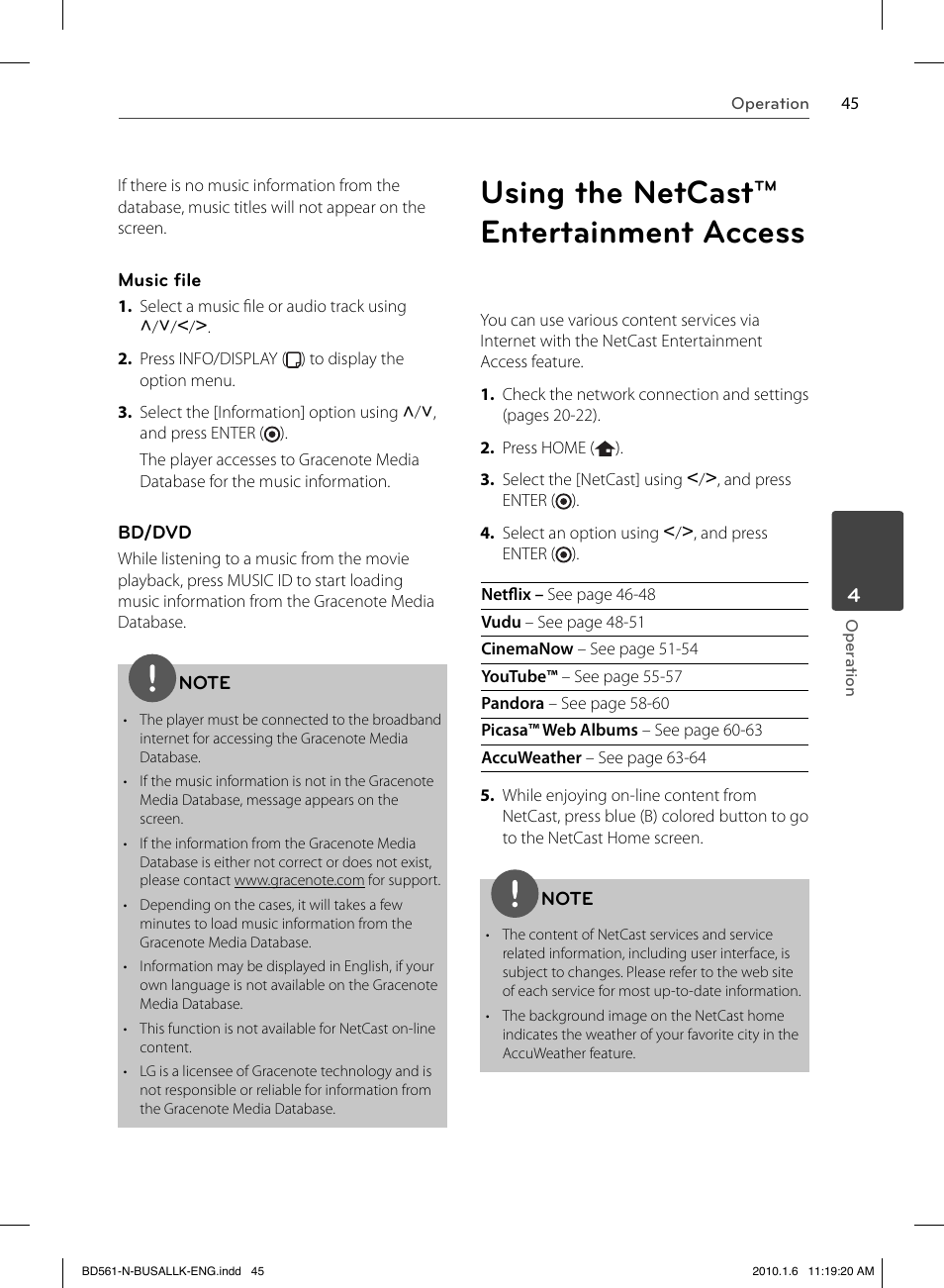 Using the netcast™ entertainment access | LG BD550 User Manual | Page 45 / 84